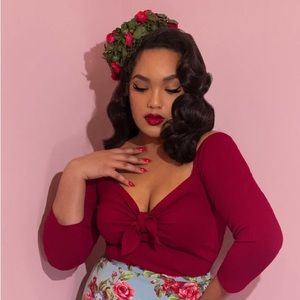 Vixen by Micheline Pitt Tie Me Up Top in Red | 3/4 Sleeve Blouse Vintage Repro